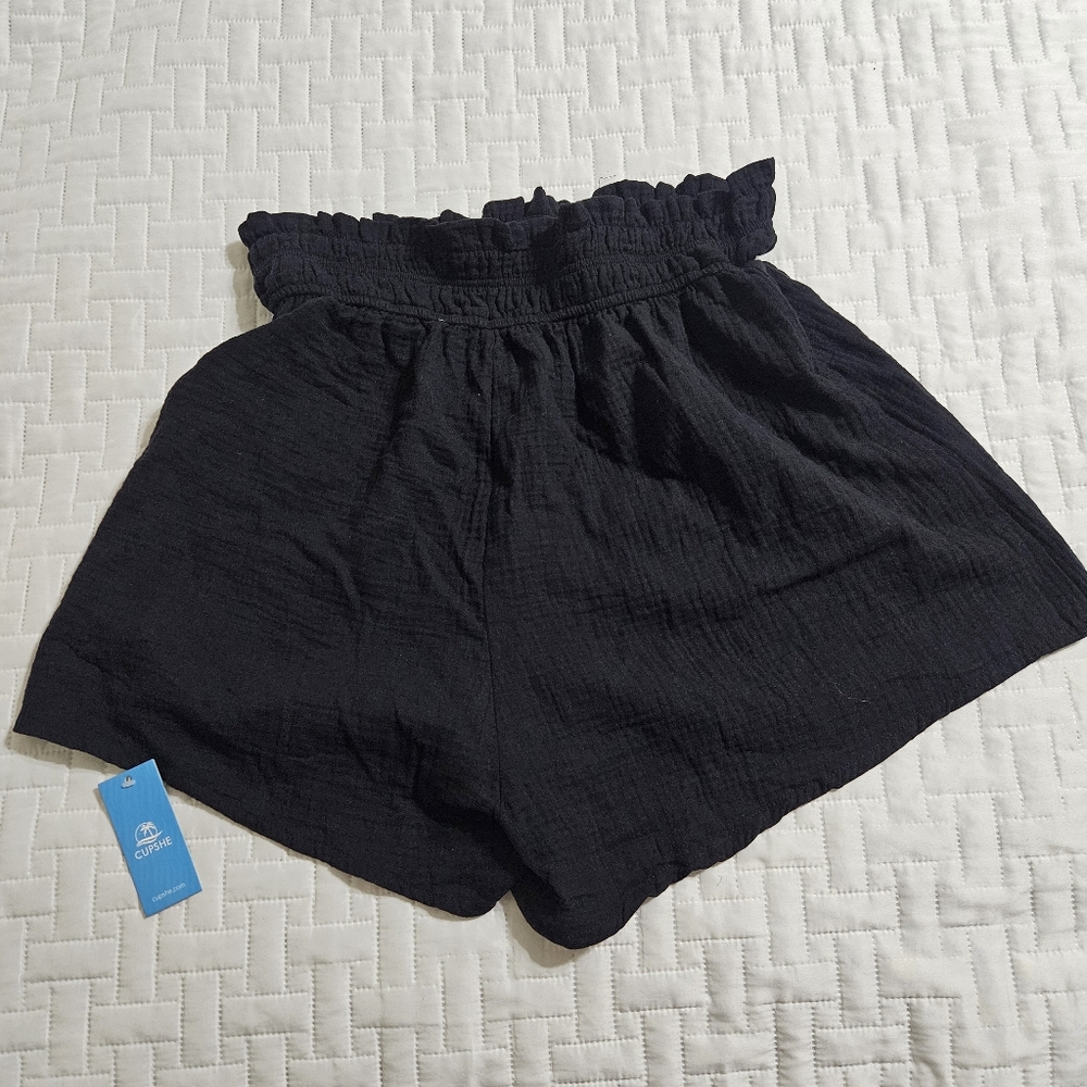 Women Black Smocked Paperbag High Waist Shorts Size XL